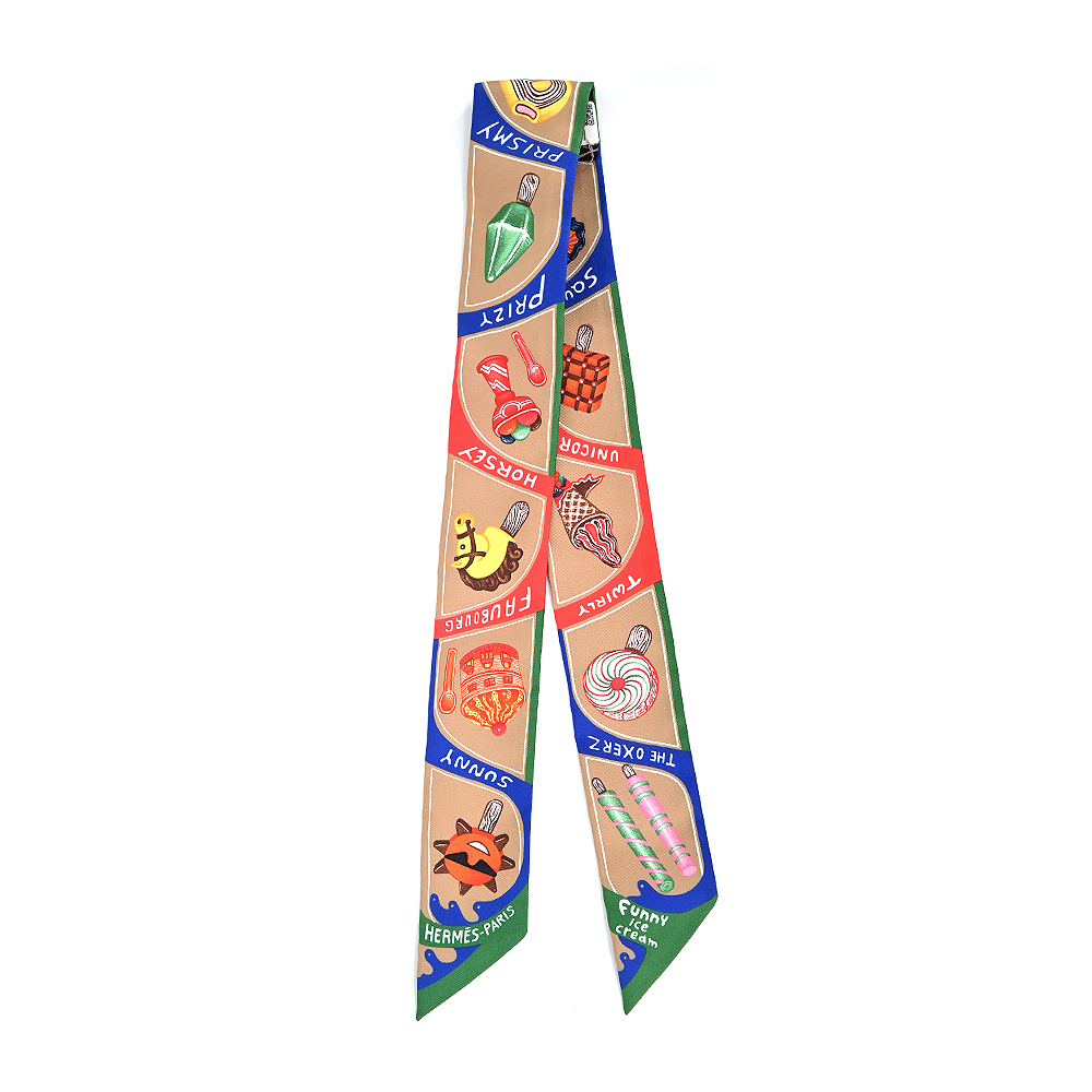 HERMES 愛馬仕 Funny Ice Cream Twilly絲巾(米金/祖母綠/紅)