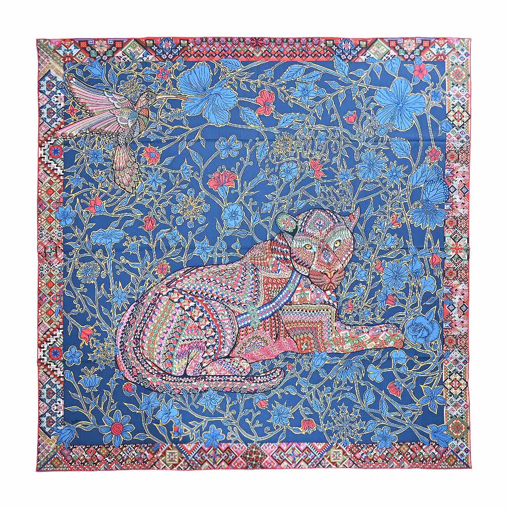 HERMES 愛馬仕 Le Jaguar et Le Colibri 140 cm手工捲邊喀什米爾與真絲混紡方巾(海軍藍/紅/玫瑰)
