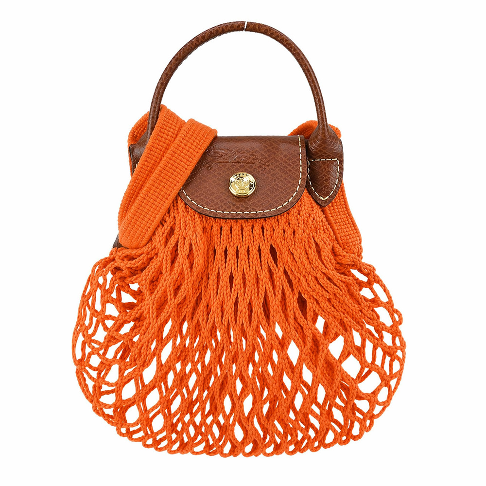 Longchamp LE PLIAGE FILET系列網狀棉質手提/斜背兩用包(迷你/柳橙)