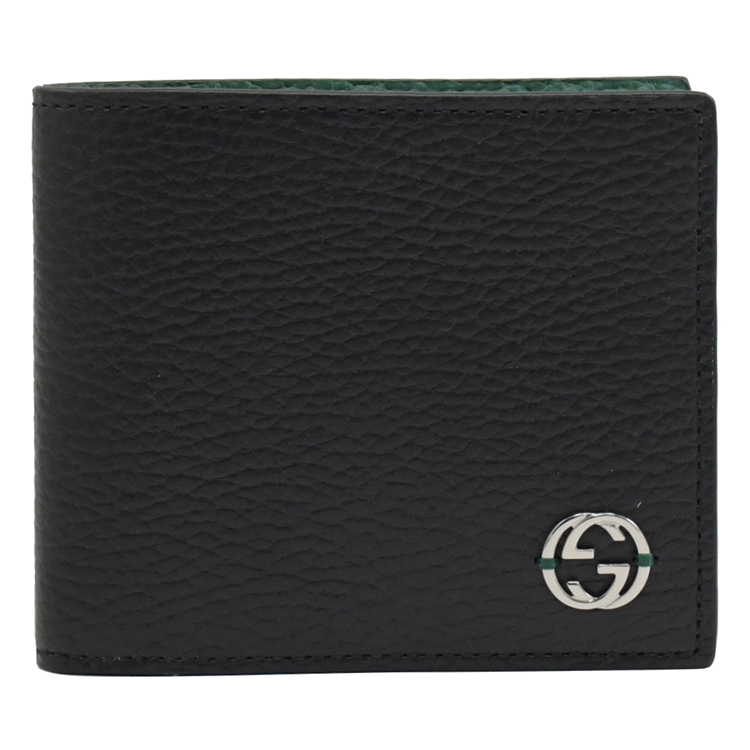 GUCCI 古馳 經典雙G LOGO 內裡撞色4卡零錢短夾.黑/綠