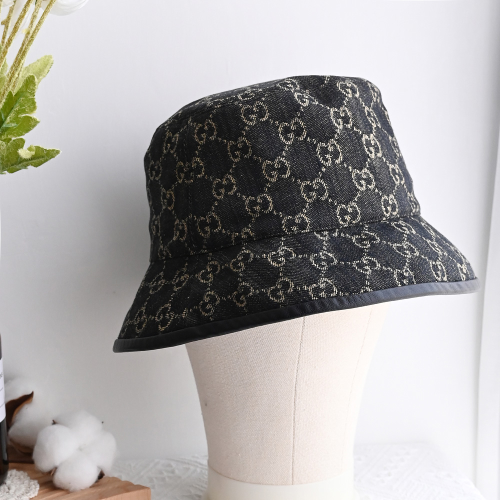 GUCCI 古馳 經典緹花LOGO棉質漁夫帽.黑/黑邊