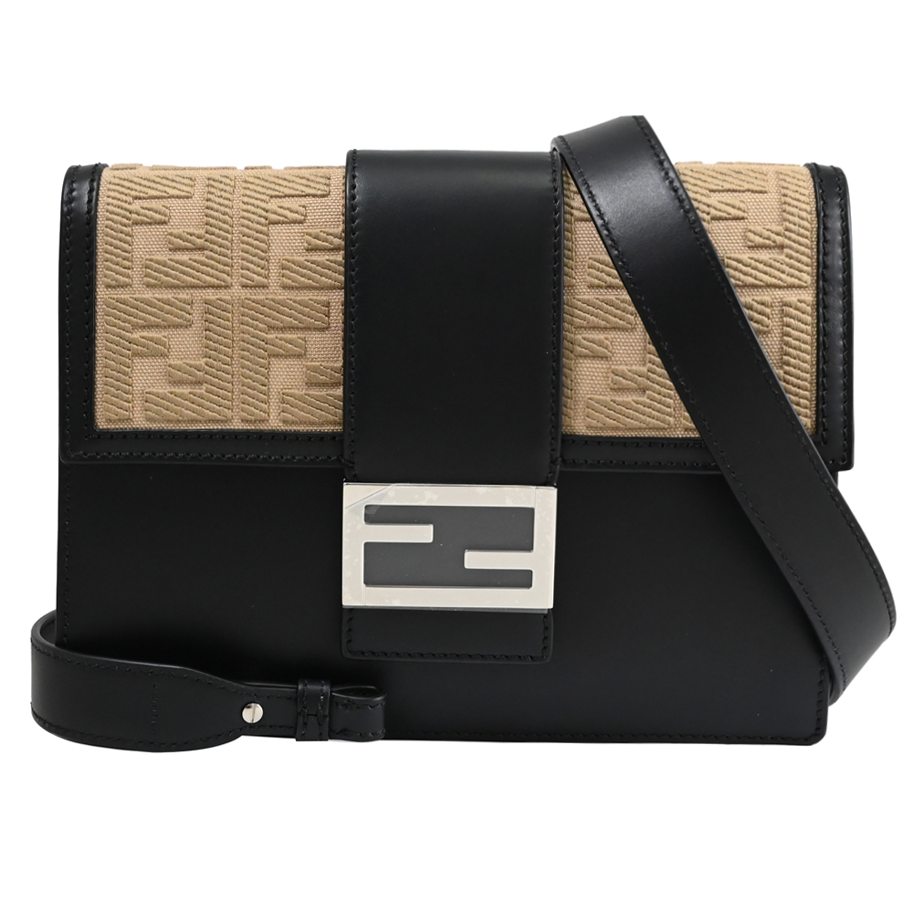 FENDI 芬迪 Flat Baguette緹花拼接翻蓋斜背包.駝/黑