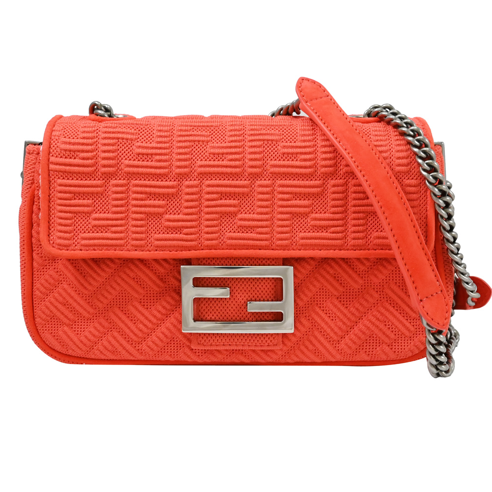 FENDI 芬迪 Baguette 經典緹花肩/斜背翻蓋鍊包.橘紅