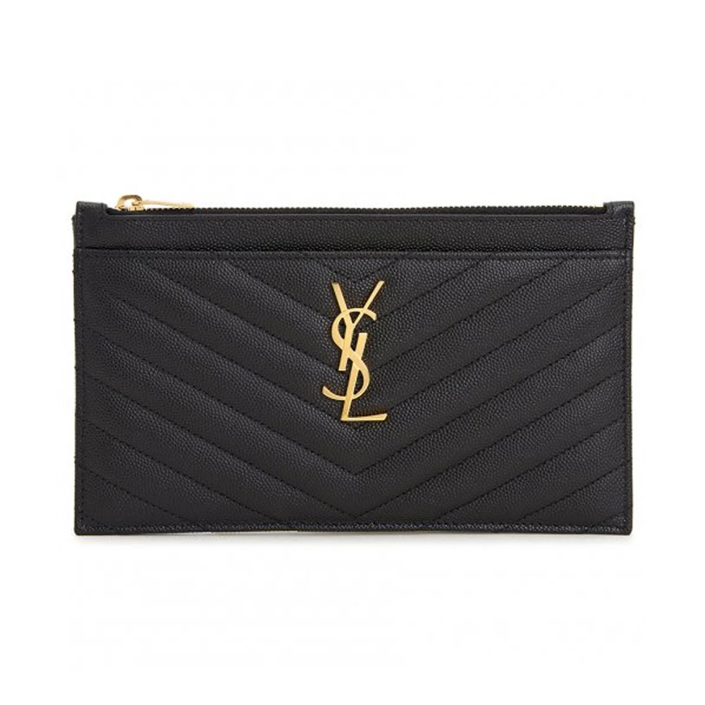 YSL SAINT LAURENT MONOGRAM V字縫線魚子醬牛皮大手拿包(黑/金