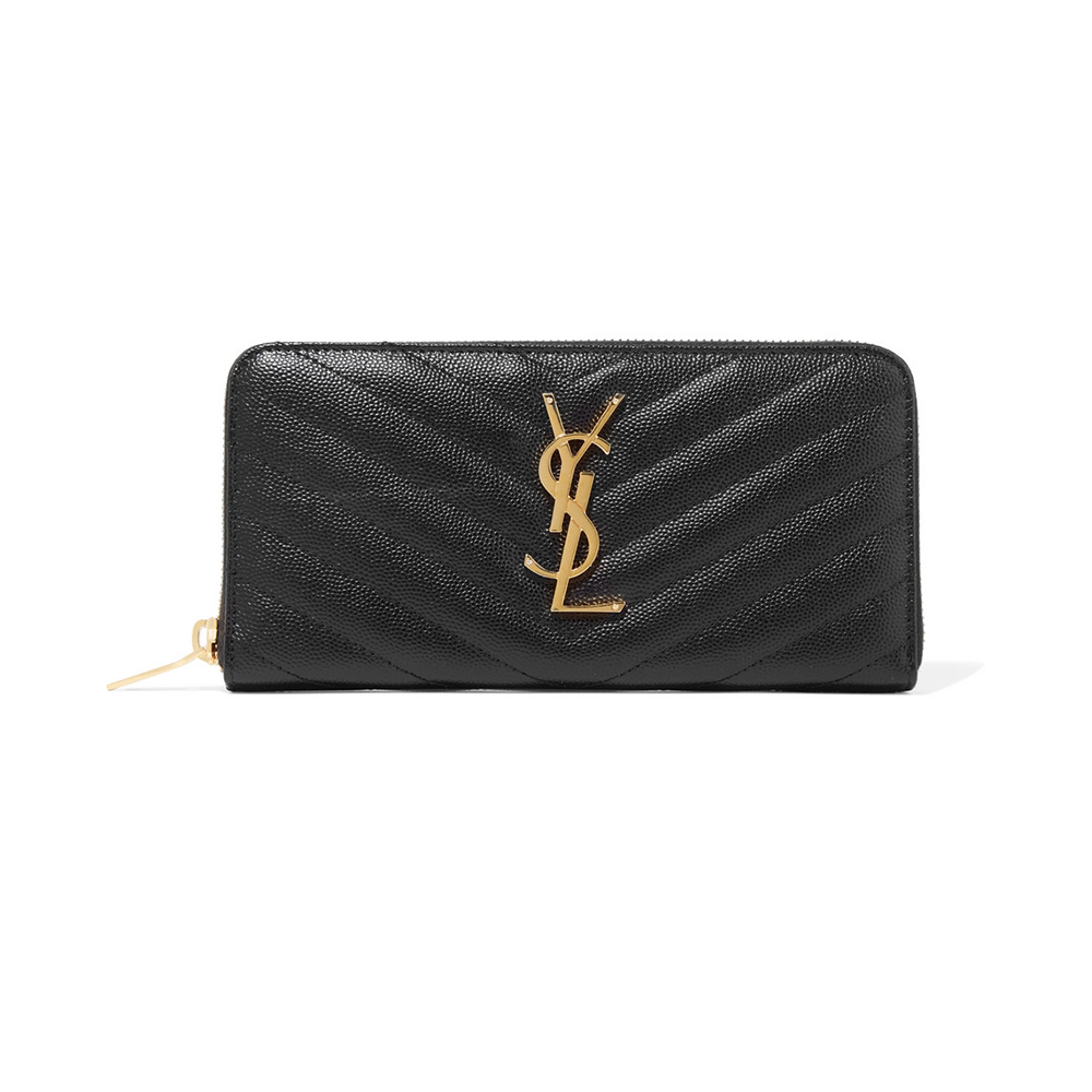 YSL 聖羅蘭 MONOGRAM系列V字縫線魚子醬牛皮金屬LOGO拉鍊長夾/手拿包