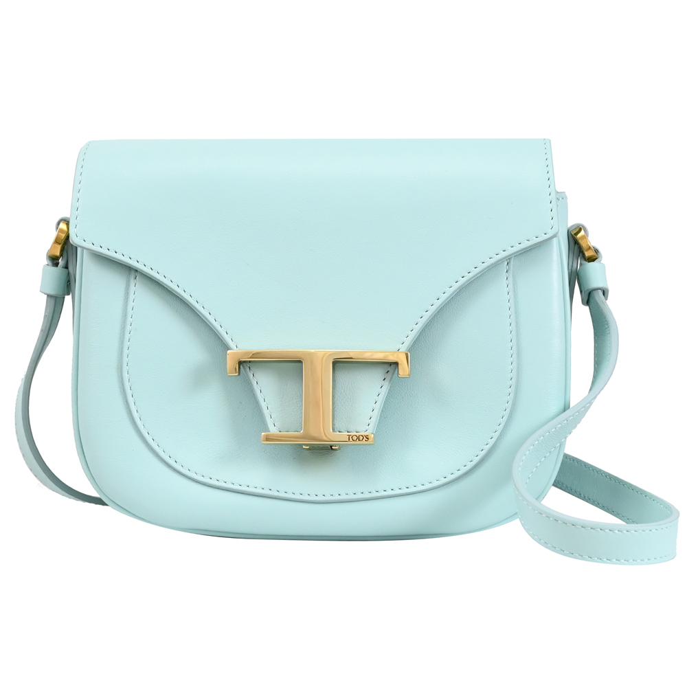 TOD'S TODS T Timeless 小牛皮翻蓋斜背三層馬鞍包.水藍