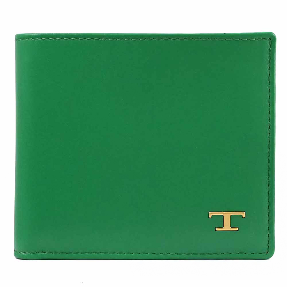 TOD'S TODS 復古金屬T LOGO小牛皮對開八卡短夾.亮綠
