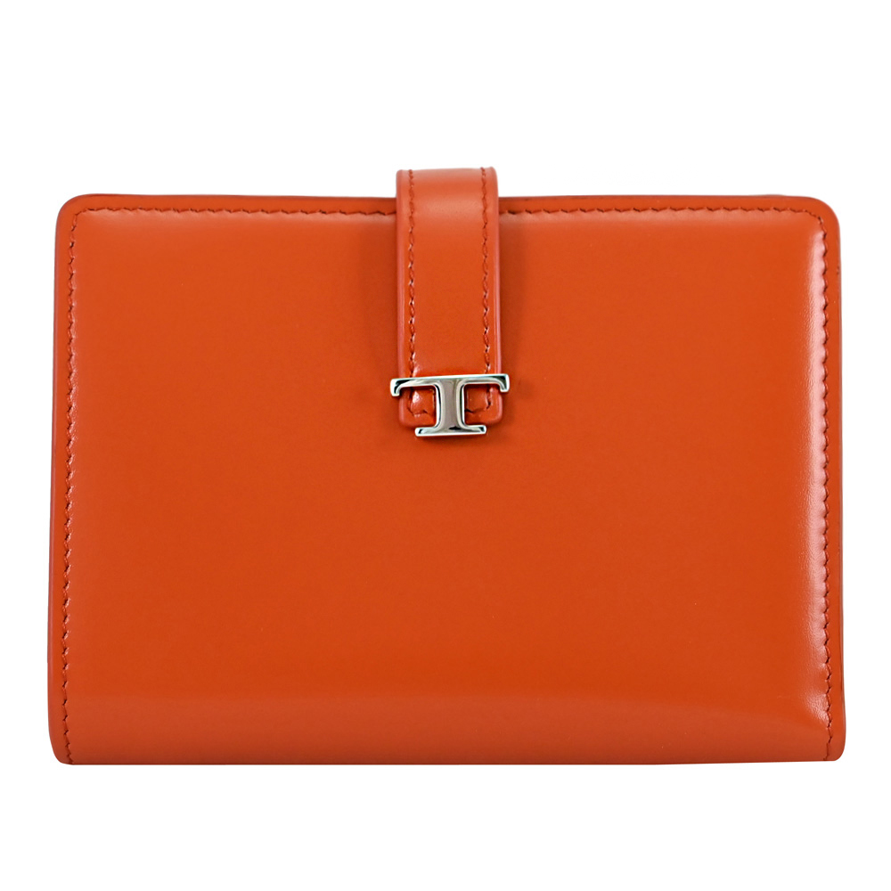 TOD'S TODS T Timeless 金屬LOGO小牛皮對開釦式中夾.橘/黑