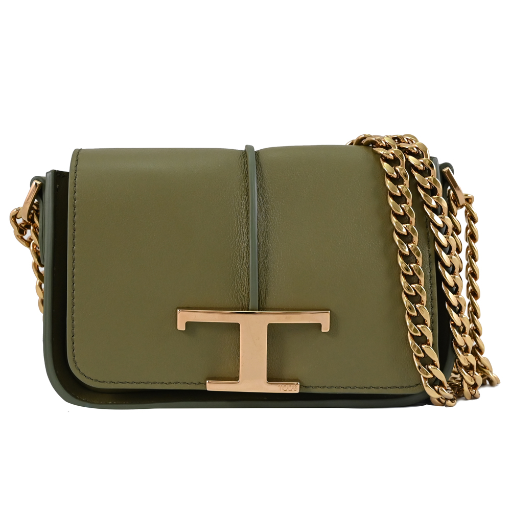 TOD'S TODS T Timeless 金屬LOGO小牛皮迷你翻蓋肩/斜背鍊包.灰綠