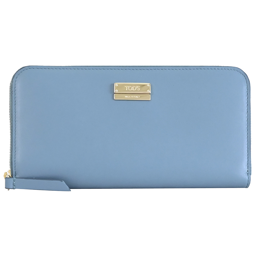 TOD'S TODS 金屬LOGO滑面牛皮拉鍊長夾.淺藍