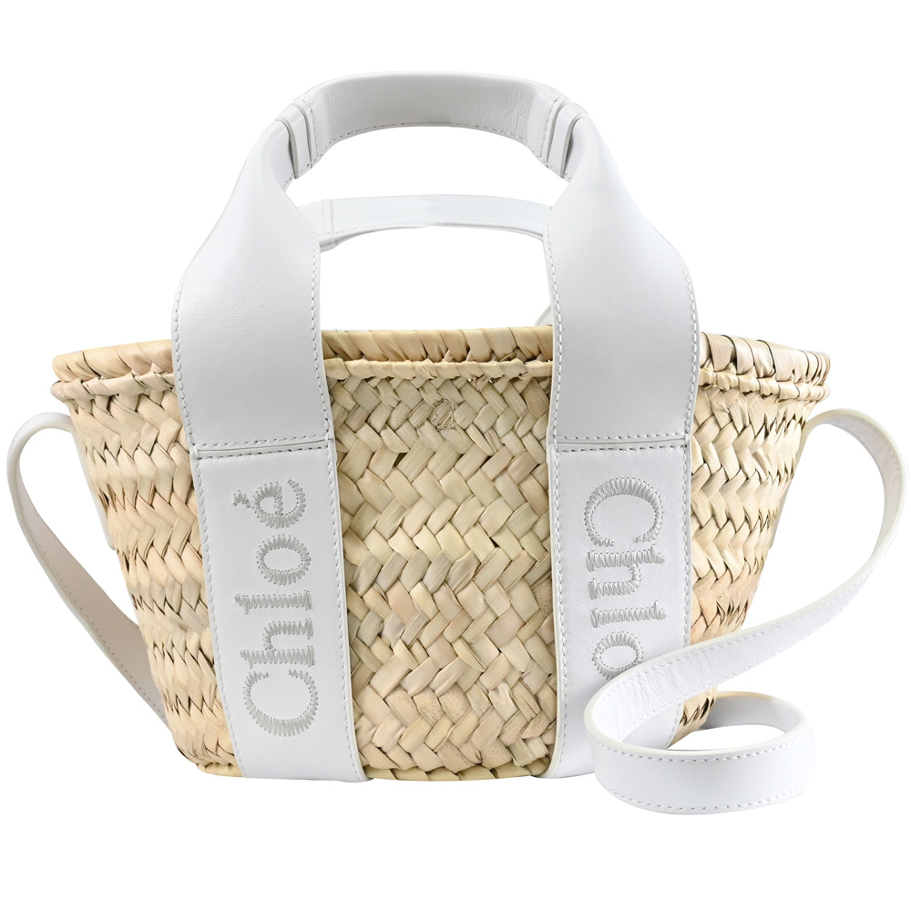 CHLOE 蔻依 Sense 電繡LOGO手提斜背兩用草編包.白邊 小