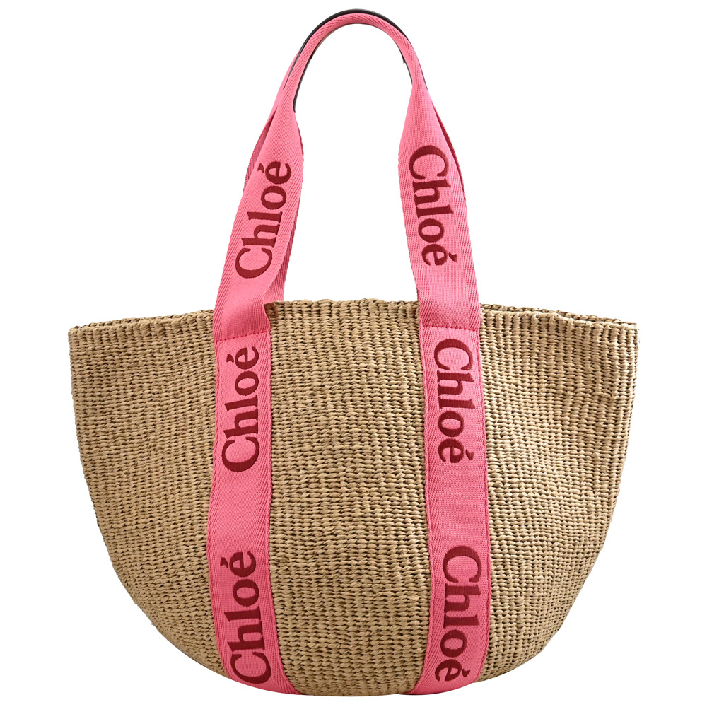 CHLOE 蔻依 Woody LOGO 新版織帶草編托特包.桃粉邊
