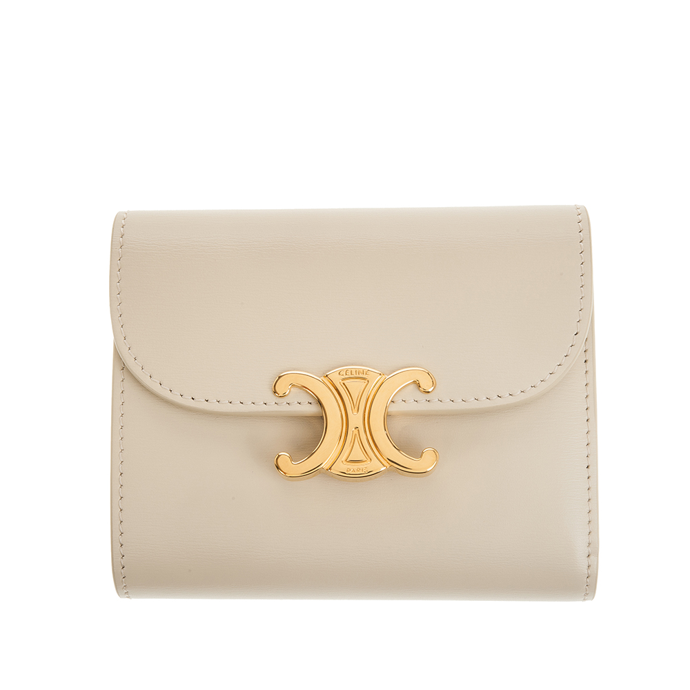 CELINE 新款TRIOMPHE LOGO金釦凱旋門牛皮對折短夾 (Limestone) - PChome 24h購物