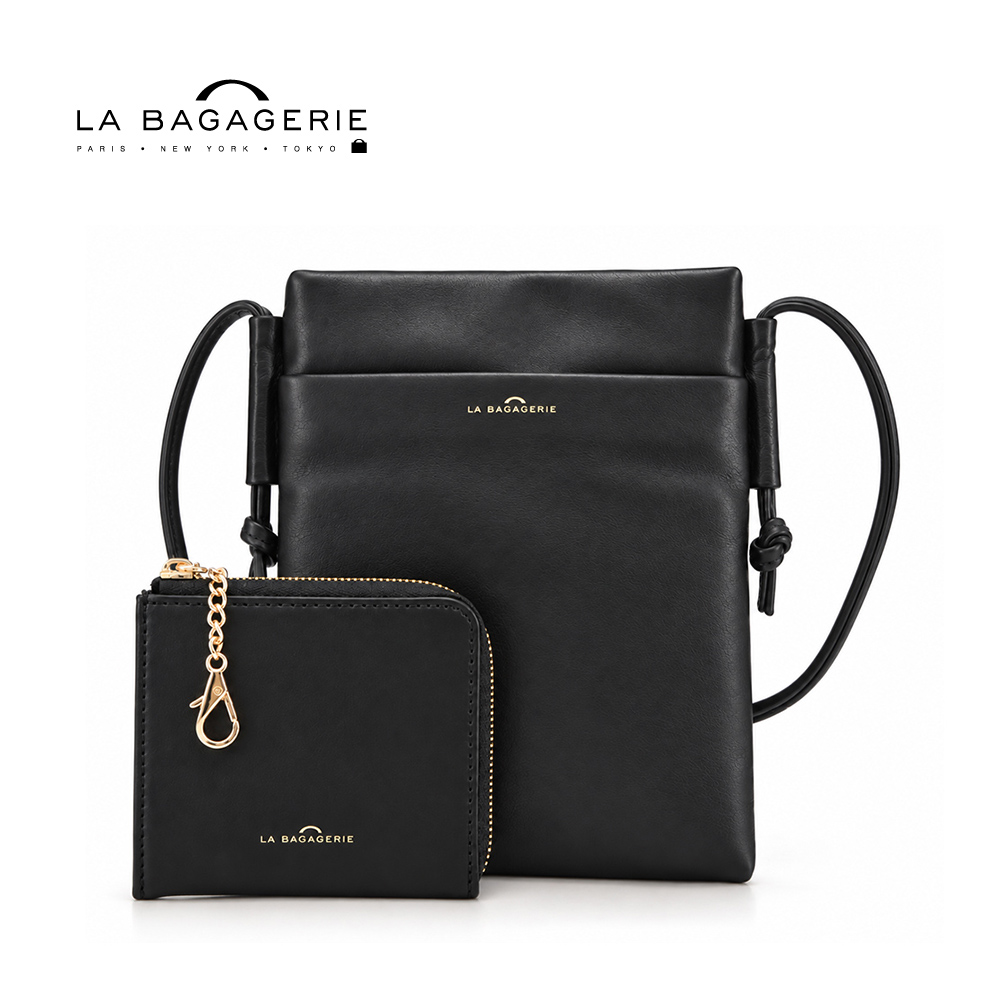 LA BAGAGERIE 羊皮斜背包附零錢包(黑/展示品)