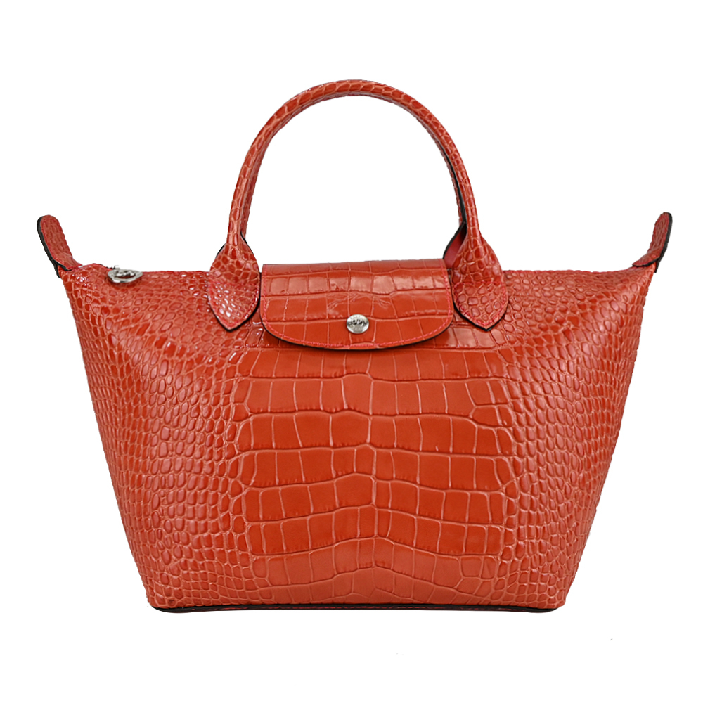 Longchamp LE PLIAGE CUIR系列亮面鱷魚紋牛皮手提水餃包(小/珊瑚紅)