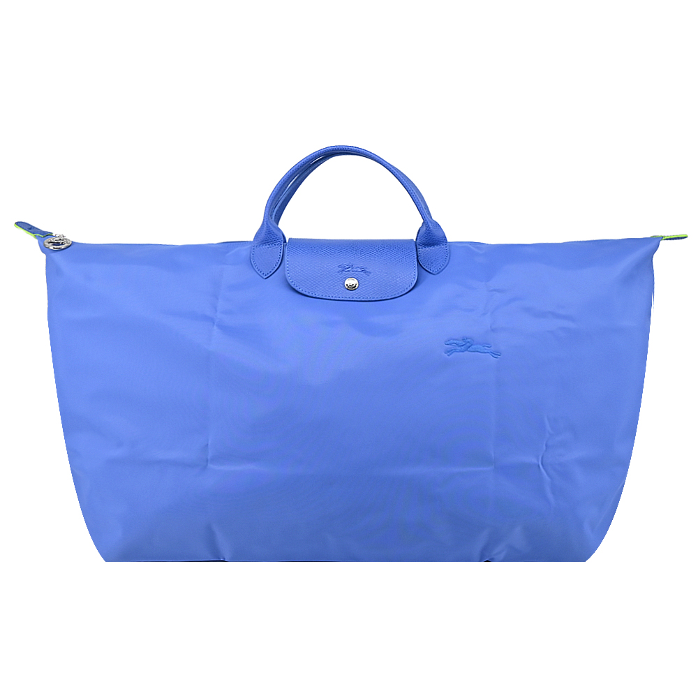 Longchamp LE PLIAGE GREEN系列刺繡短把再生尼龍摺疊旅行袋(中/失車菊藍)