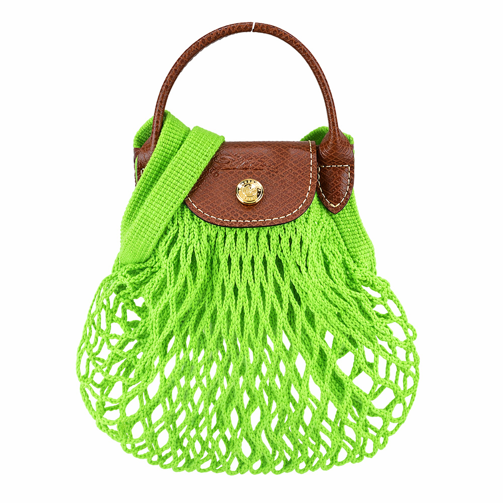 Longchamp LE PLIAGE FILET系列網狀棉質手提/斜背兩用包(迷你/亮綠)