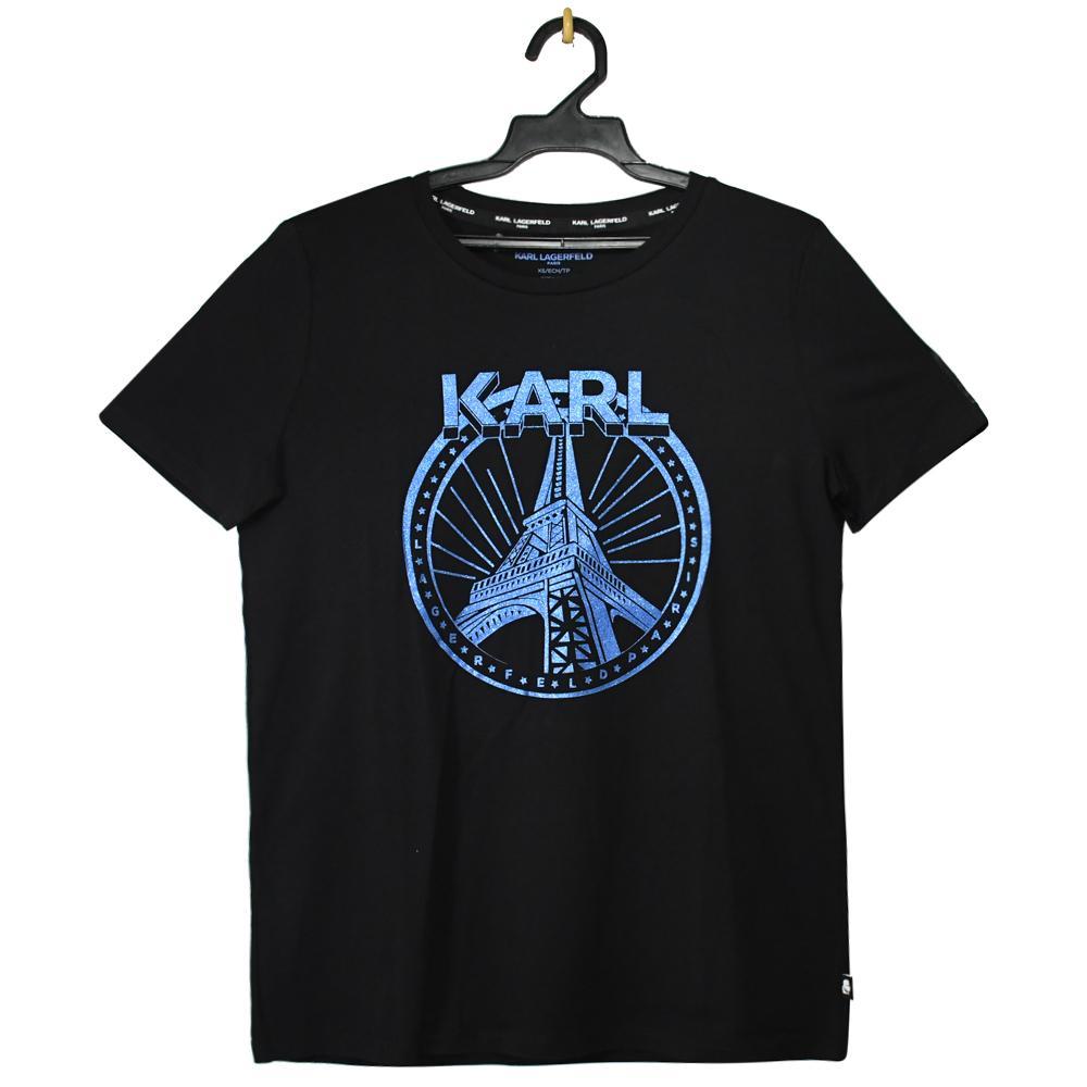 KARL LAGERFELD 卡爾 巴黎鐵塔亮片圖案棉質短T恤.黑