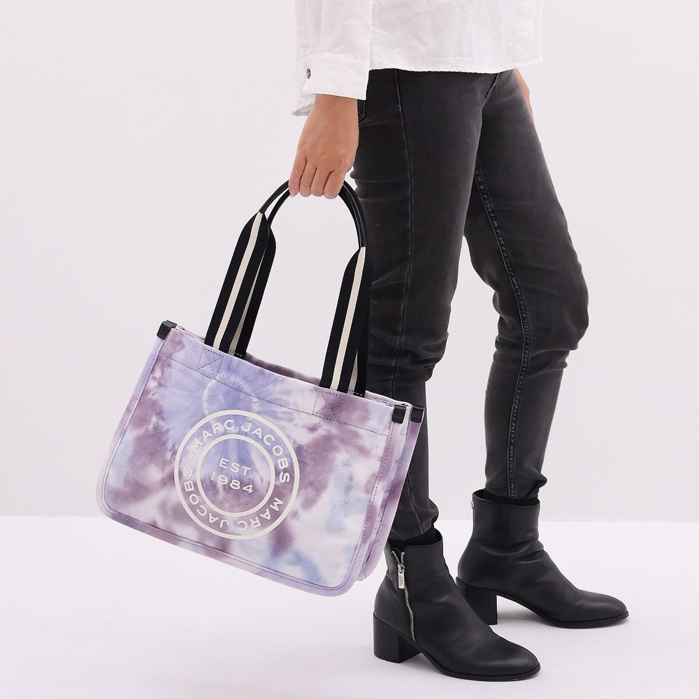 MARC JACOBS 渲染圓標LOGO帆布肩背托特包.紫灰