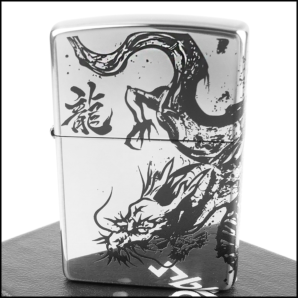 Zippo 日系~Dragon-水墨畫系列-龍圖案設計打火機(銀色燻黑款)