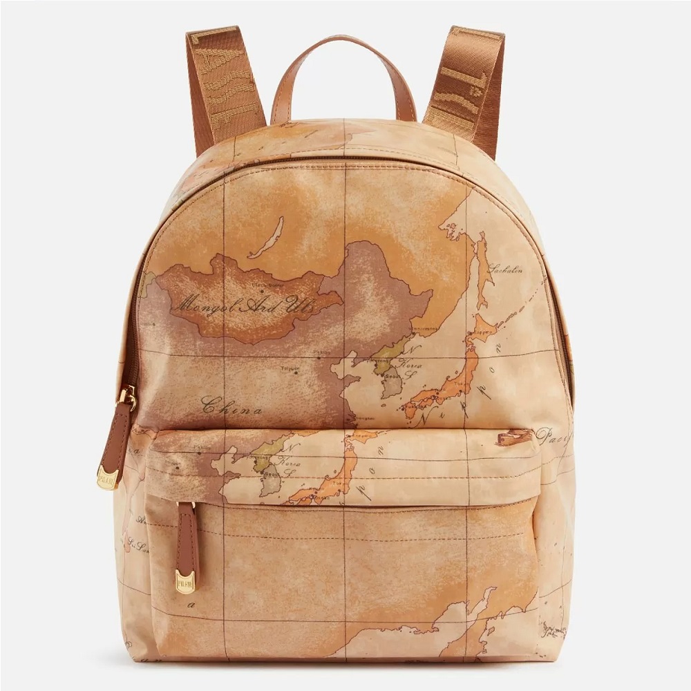 Alviero Martini 【 義大利地圖包】PU尼龍拉鍊後背包28cm-地圖黃