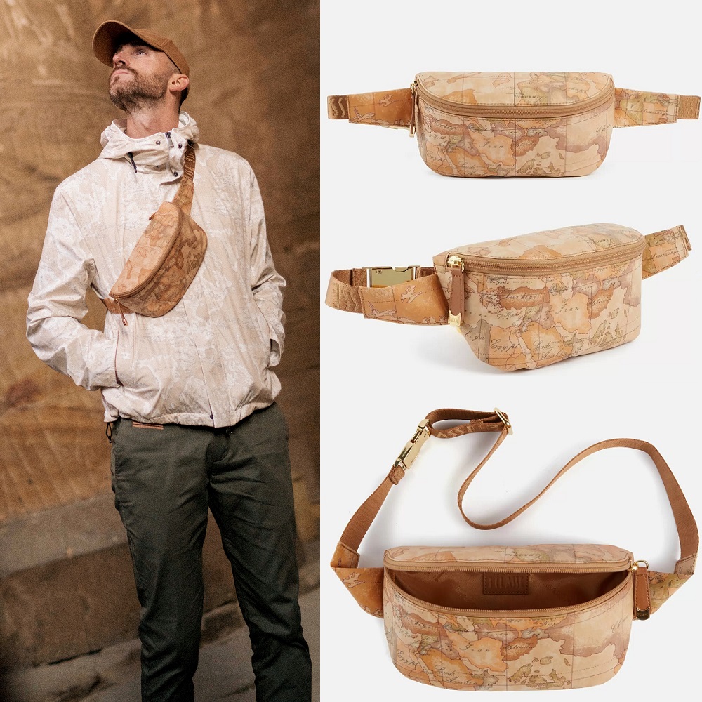 Alviero Martini 【 義大利地圖包】PU尼龍拉鍊腰包24cm-地圖黃