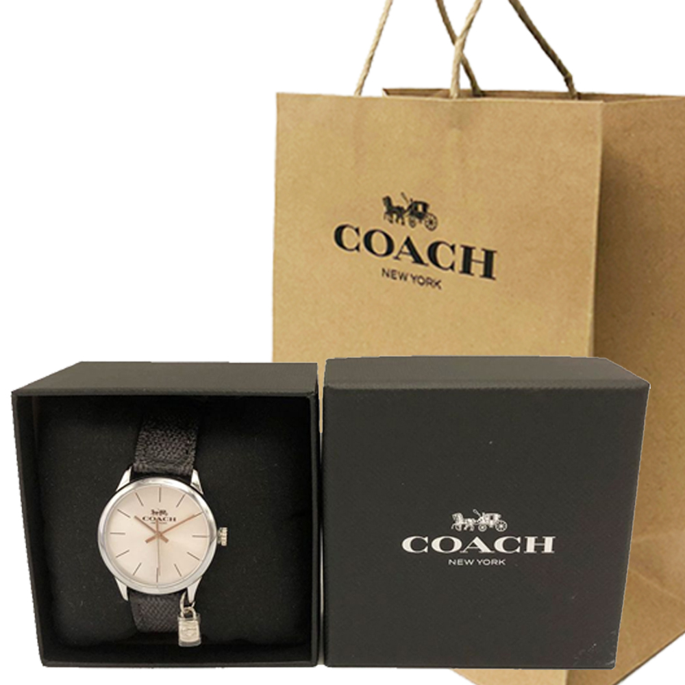 COACH 蔻馳 C LOGO印花小吊飾女款石英手錶禮盒附紙袋(黑灰)