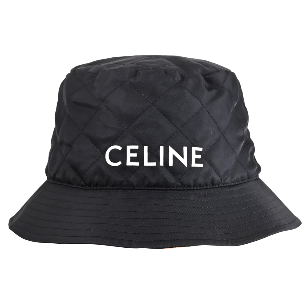 CELINE 品牌LOGO菱格紋撞色尼龍漁夫帽.黑/橘