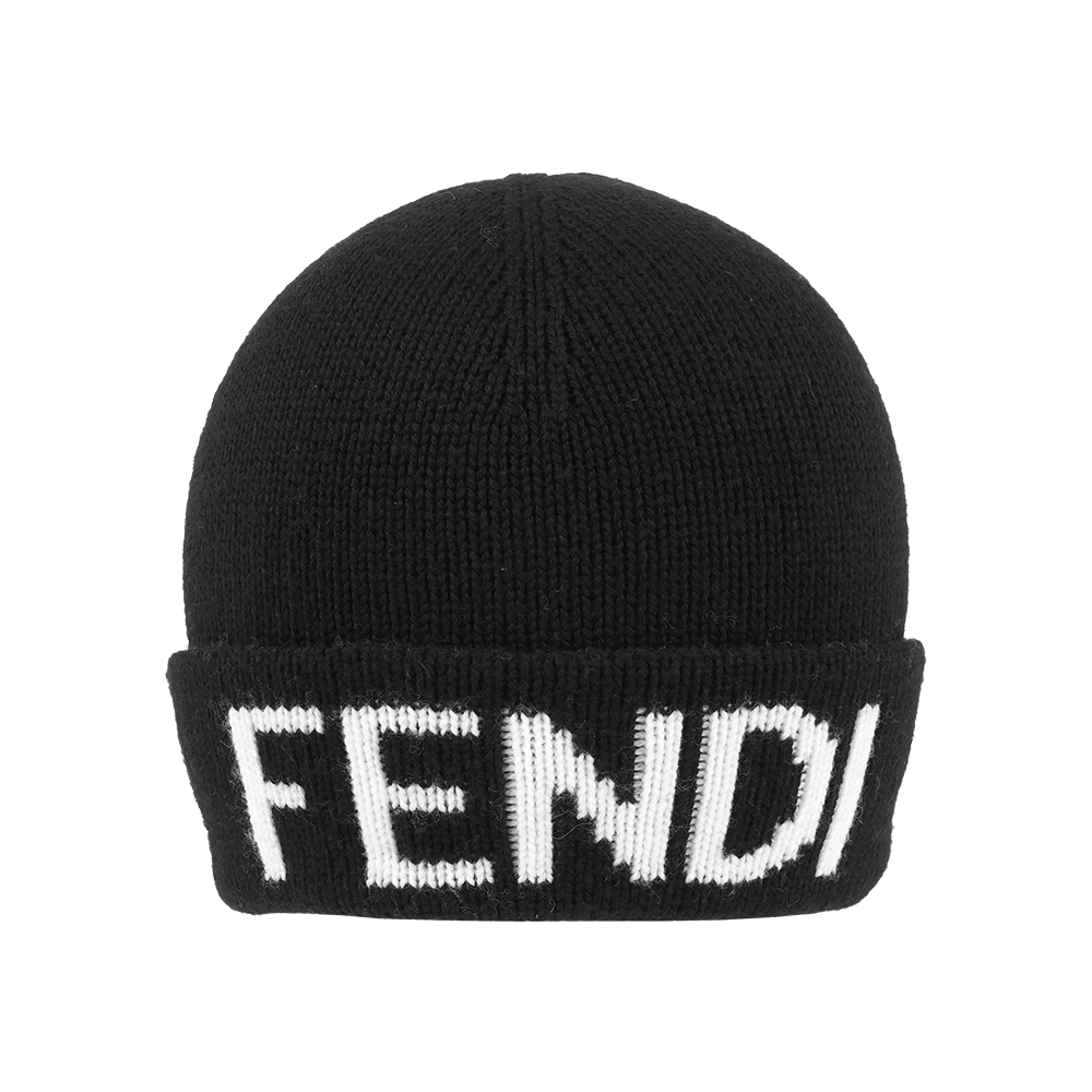 FENDI 芬迪 白字Logo 羊毛毛帽(黑色)