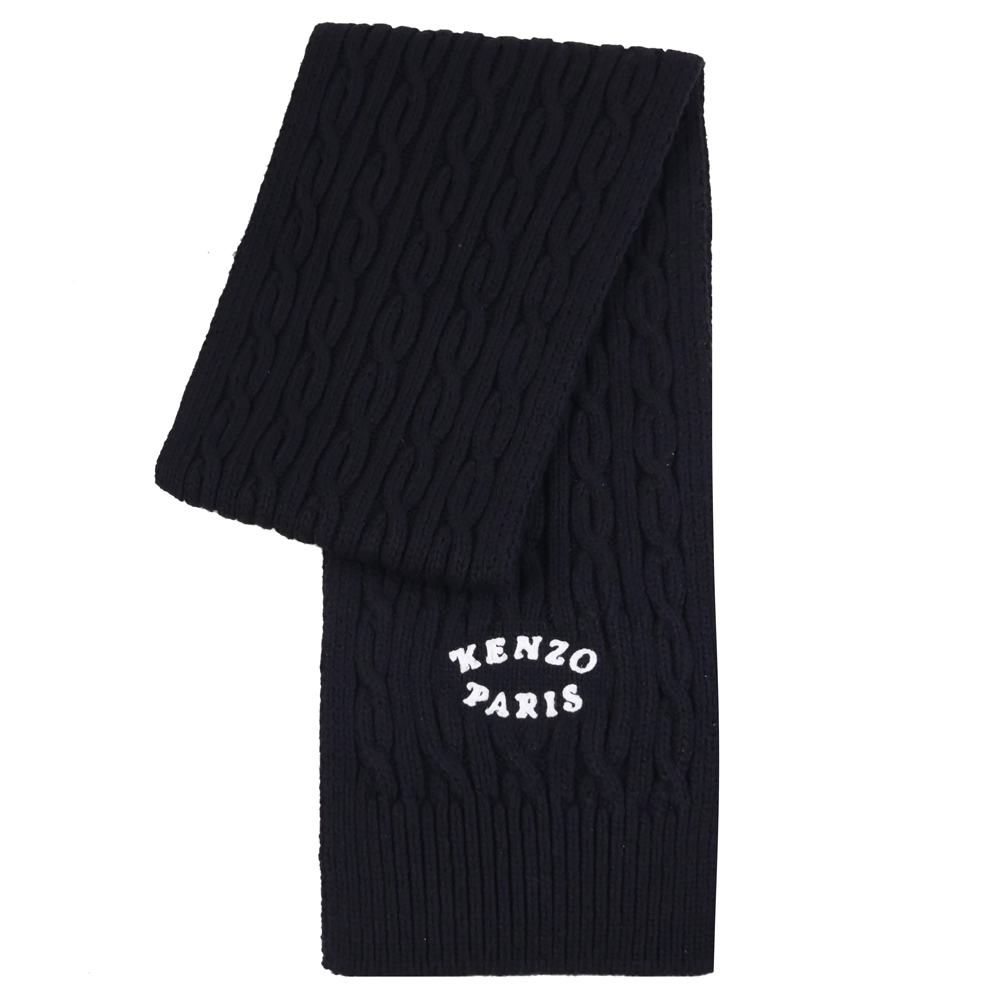 KENZO 高田賢三 電繡LOGO麻花編羊毛混紡長圍巾.黑