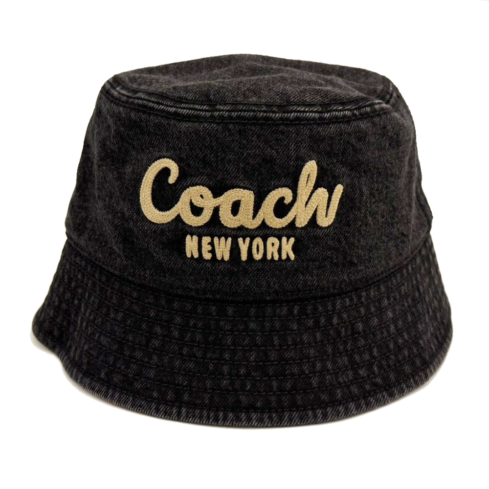 COACH 蔻馳 刺繡LOGO牛仔布漁夫帽(M/L黑灰)