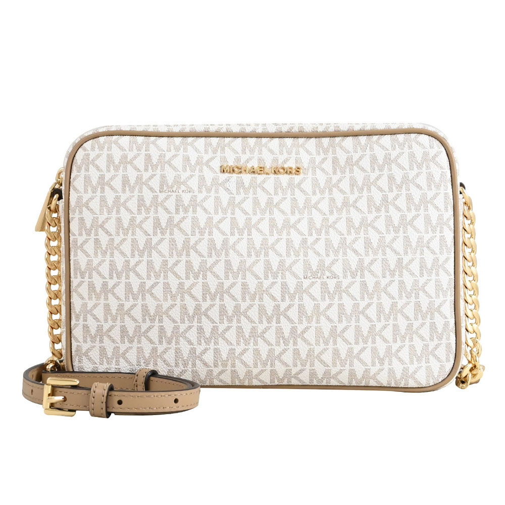 Michael Kors JET SET 經典印花皮革斜背方包.白/淺褐邊