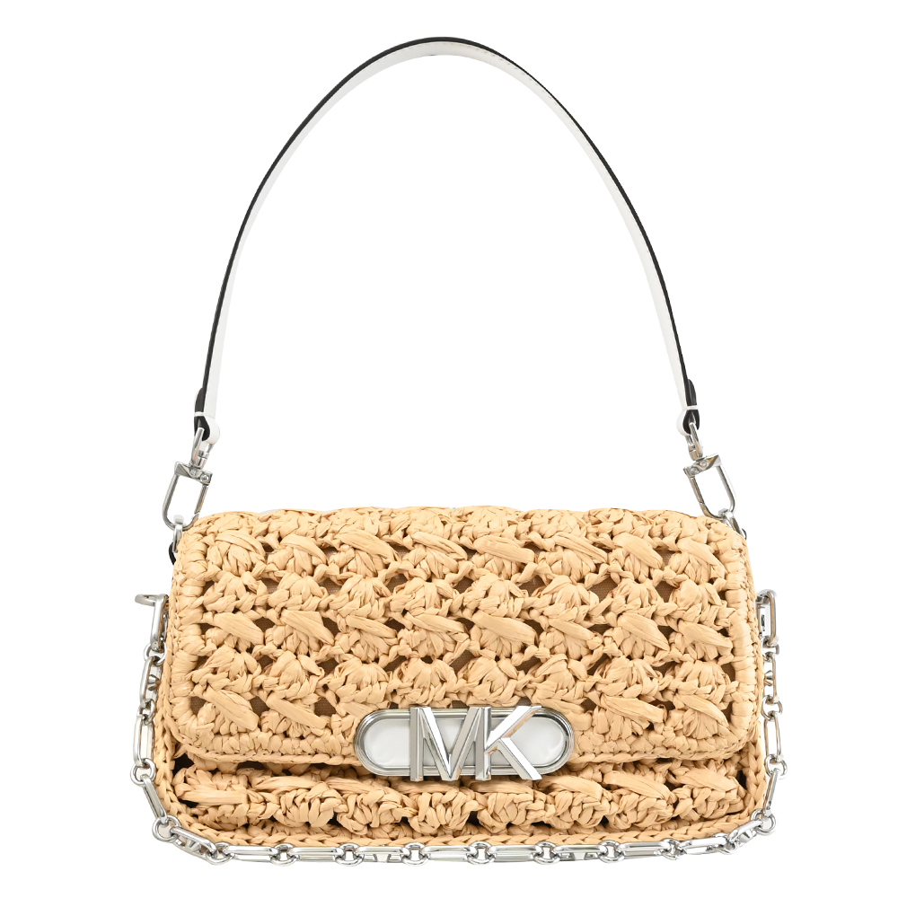 Michael Kors PARKER 金屬LOGO草編雙背帶翻蓋肩背包.白邊
