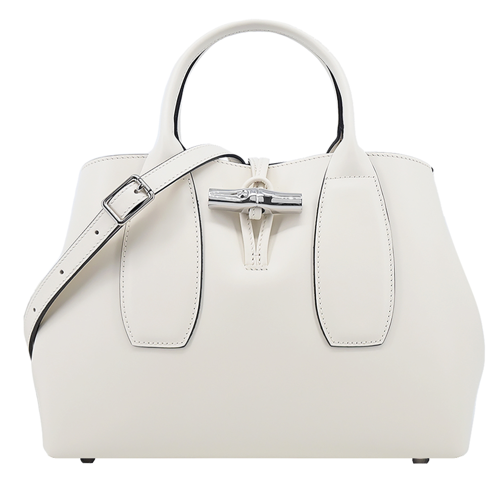 Longchamp LE ROSEAU系列金屬竹節牛皮手提/斜背兩用包(中/亞麻)