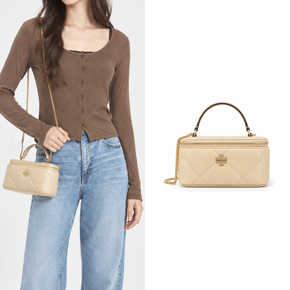 TORY BURCH KIRA密鑲LOGO菱格紋鏈帶斜背包-米白