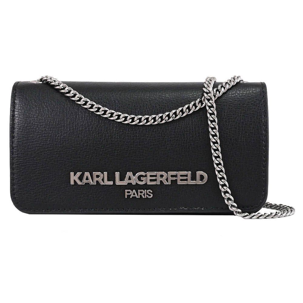 Karl Lagerfeld 卡爾 經典金屬LOGO翻蓋斜背小鍊包.黑