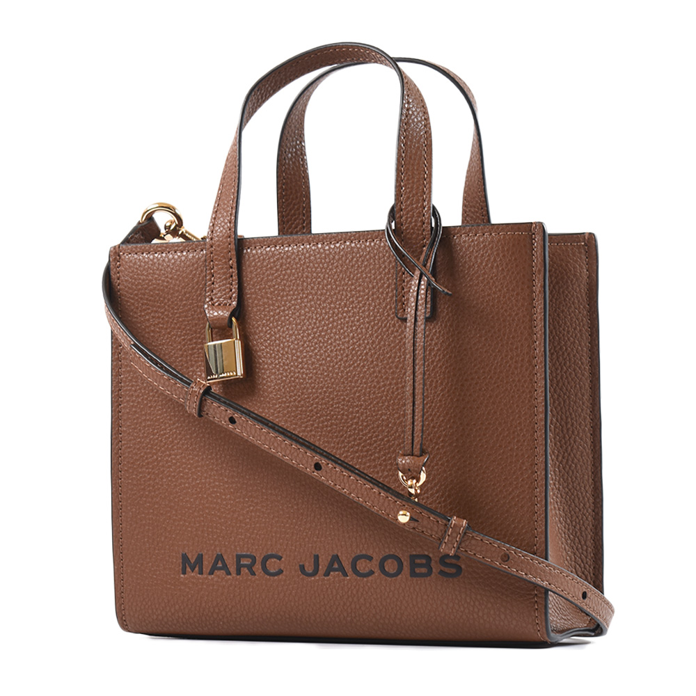 MARC JACOBS 黑色LOGO荔枝紋手提/斜背二用鎖頭包-焦糖色/小