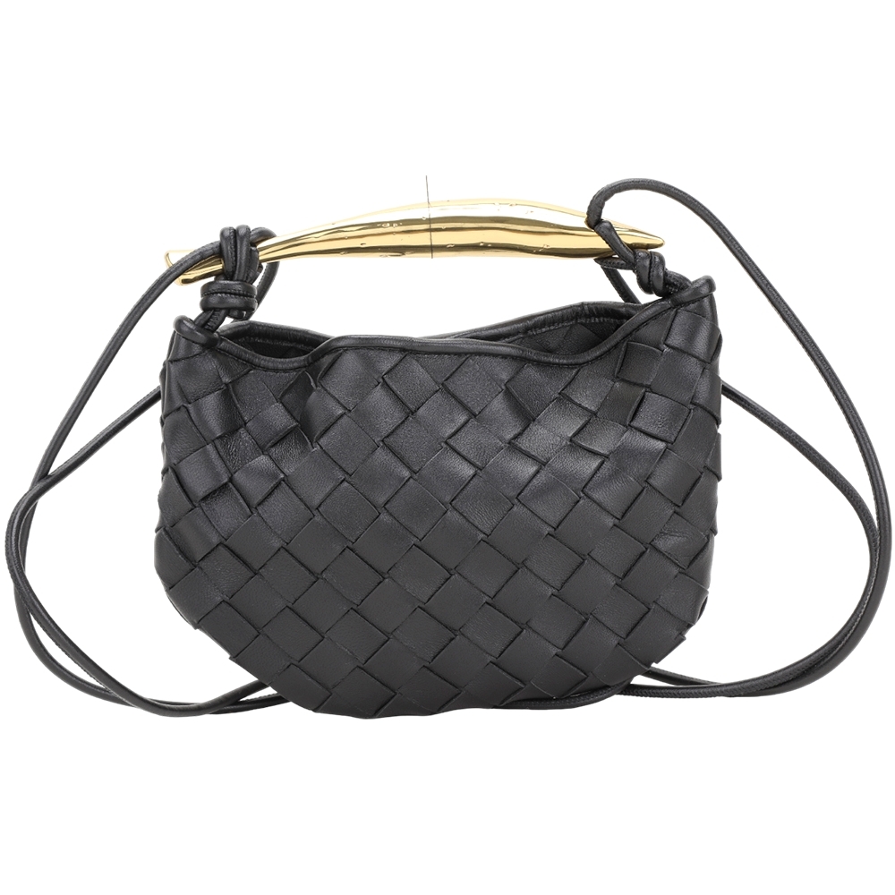 BOTTEGA VENETA 寶緹嘉 Sardine 編織羊皮黃銅提把斜背包(迷你/黑色)