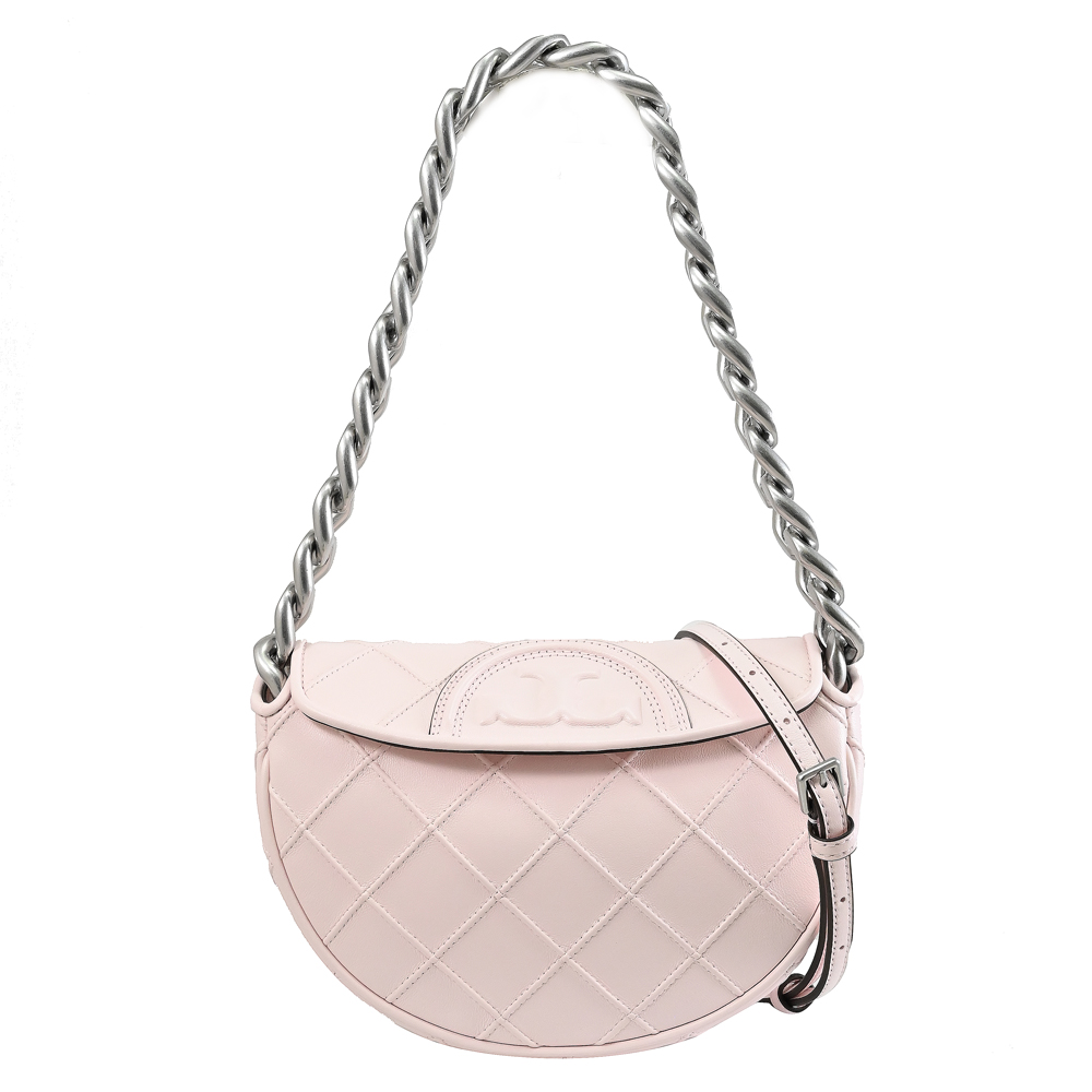 TORY BURCH Mini Fleming 菱格車線翻蓋兩用半月包.淡粉