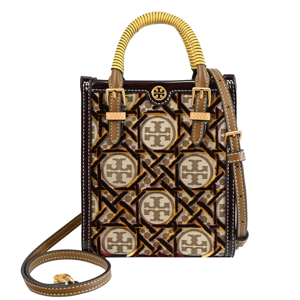 TORY BURCH T Monogram 立體緹花拼接漆皮兩用包.深咖邊