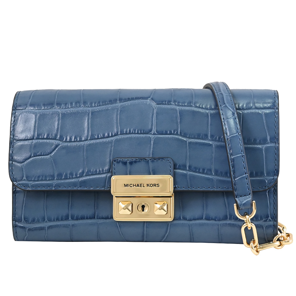 Michael Kors TRIBECA 鱷魚壓紋皮革翻蓋WOC斜背包.牛仔藍