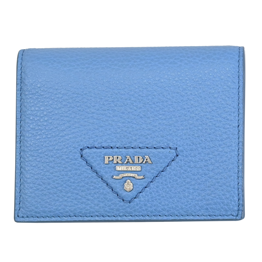 PRADA 普拉達 三角浮雕LOGO荔枝牛皮對開零錢短夾.藍