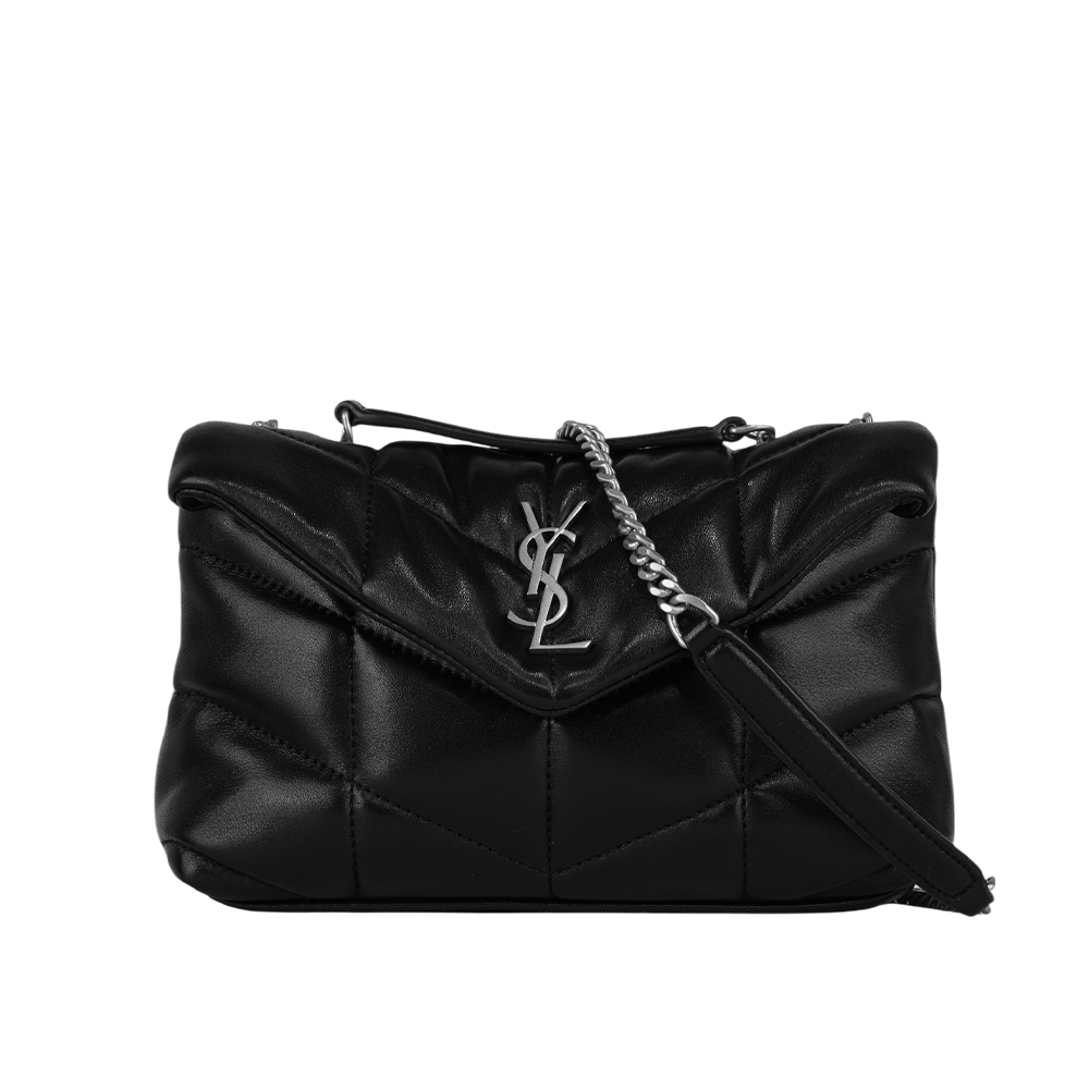 YSL 聖羅蘭 Puffer Toy 銀字縫線小羊皮迷你翻蓋鍊包(黑色)