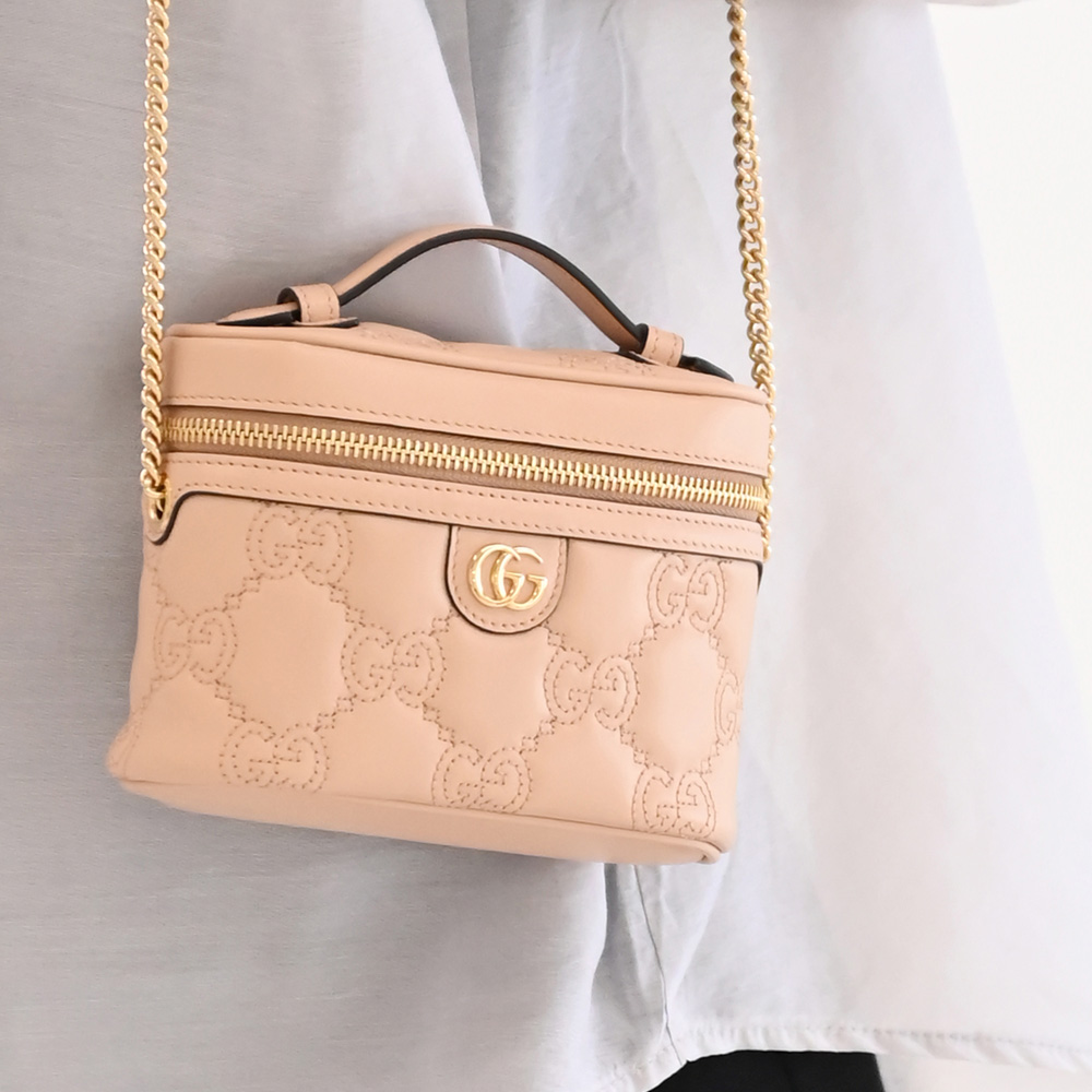 GUCCI 古馳 GG Matelasse 金屬LOGO絎縫迷你兩用鍊包.裸粉