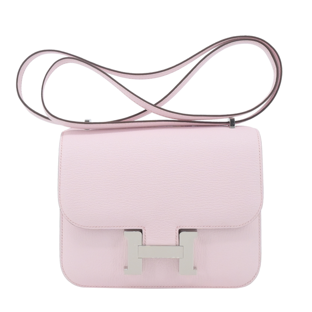 HERMES 愛馬仕 Mini Constance 18CM K刻 羊皮新款斜背包(M7戀愛粉/銀釦/附鏡子)