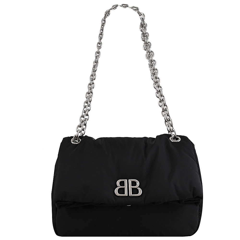 BALENCIAGA 巴黎世家 MONACO BB金屬LOGO尼龍翻蓋鍊包.黑