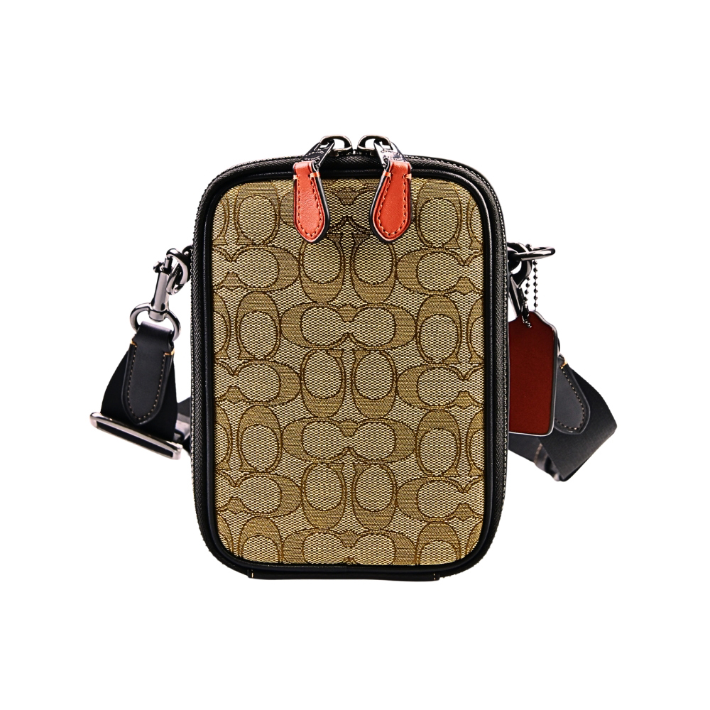 COACH 蔻馳 卡其C LOGO緹花布拼接皮革方型小款隨身斜背/手機包