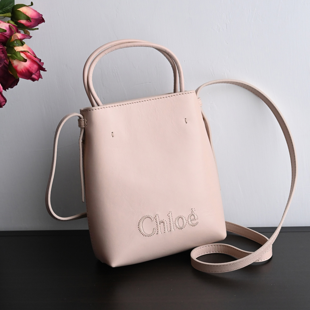 CHLOE 蔻依 Sense 電繡LOGO小牛皮迷你兩用包.裸粉色