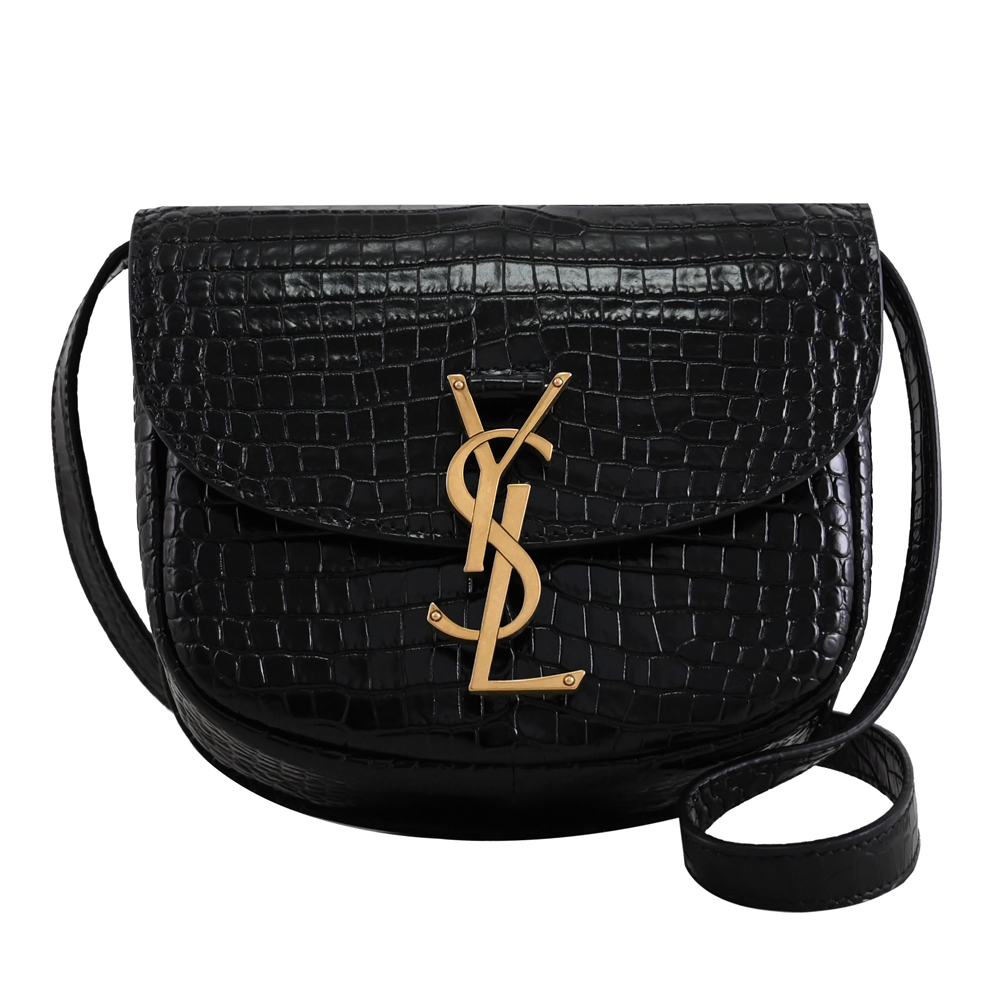 YSL 聖羅蘭 KAIA 金屬LOGO鱷魚壓紋翻蓋斜背馬鞍包.黑