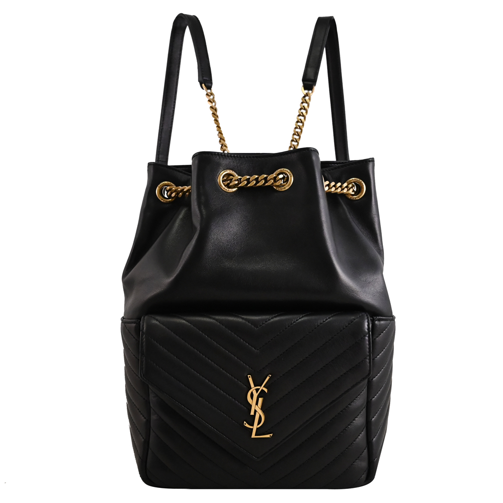 YSL 聖羅蘭 JOE 金屬LOGO絎縫小羊皮抽繩背帶後背包.黑